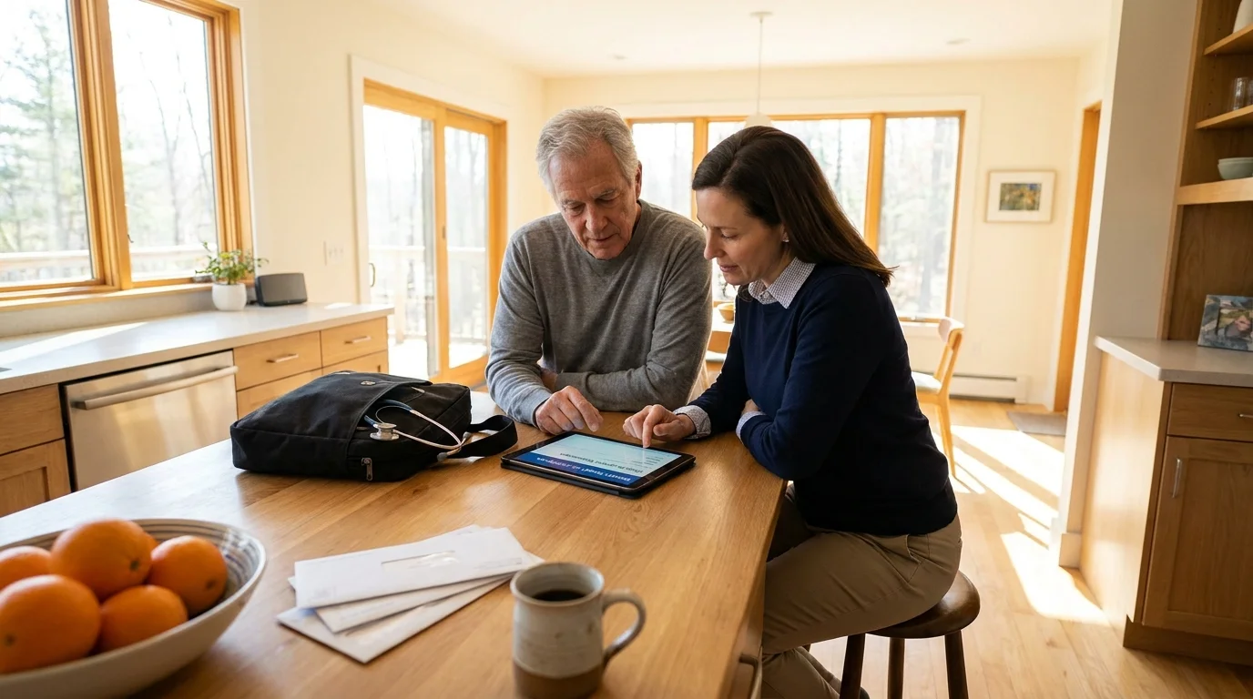 A senior man and a healthcare provider sit at a kitchen table looking at a tablet together.