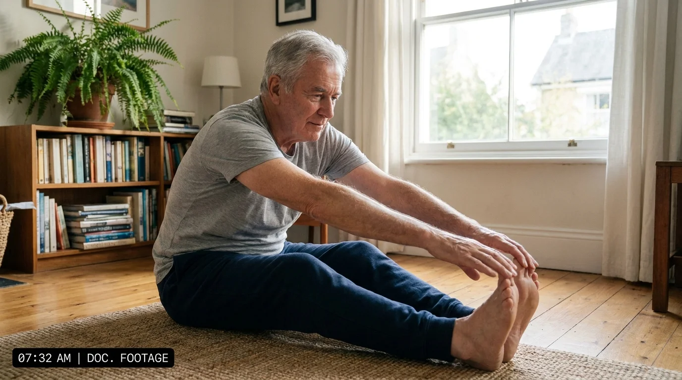 A senior man doing gentle morning stretches in a sunlit living room.