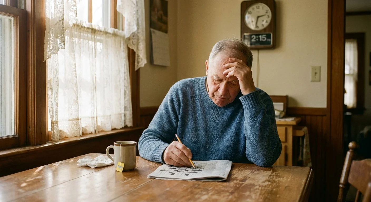 A senior man looking tired at a kitchen table in the afternoon, illustrating chronic fatigue.
