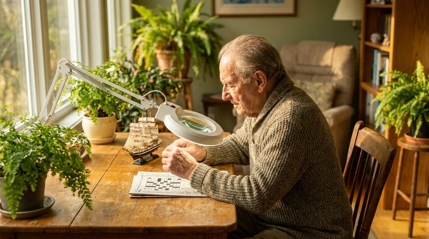 A senior man using a lighted magnifying glass to enjoy a hobby in a bright, comfortable sunroom.