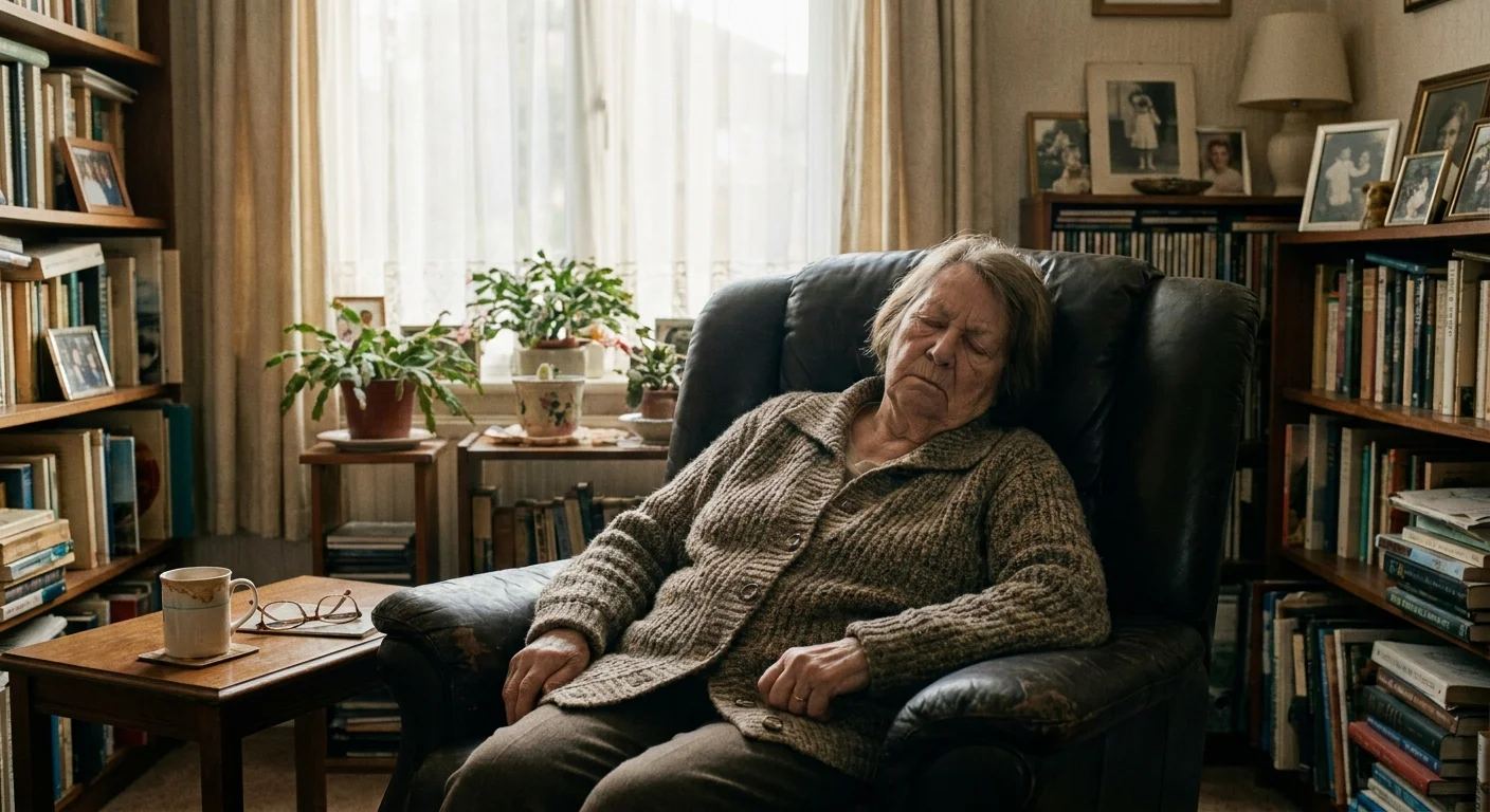 A senior woman asleep in an armchair during the day, illustrating the impact of profound fatigue.