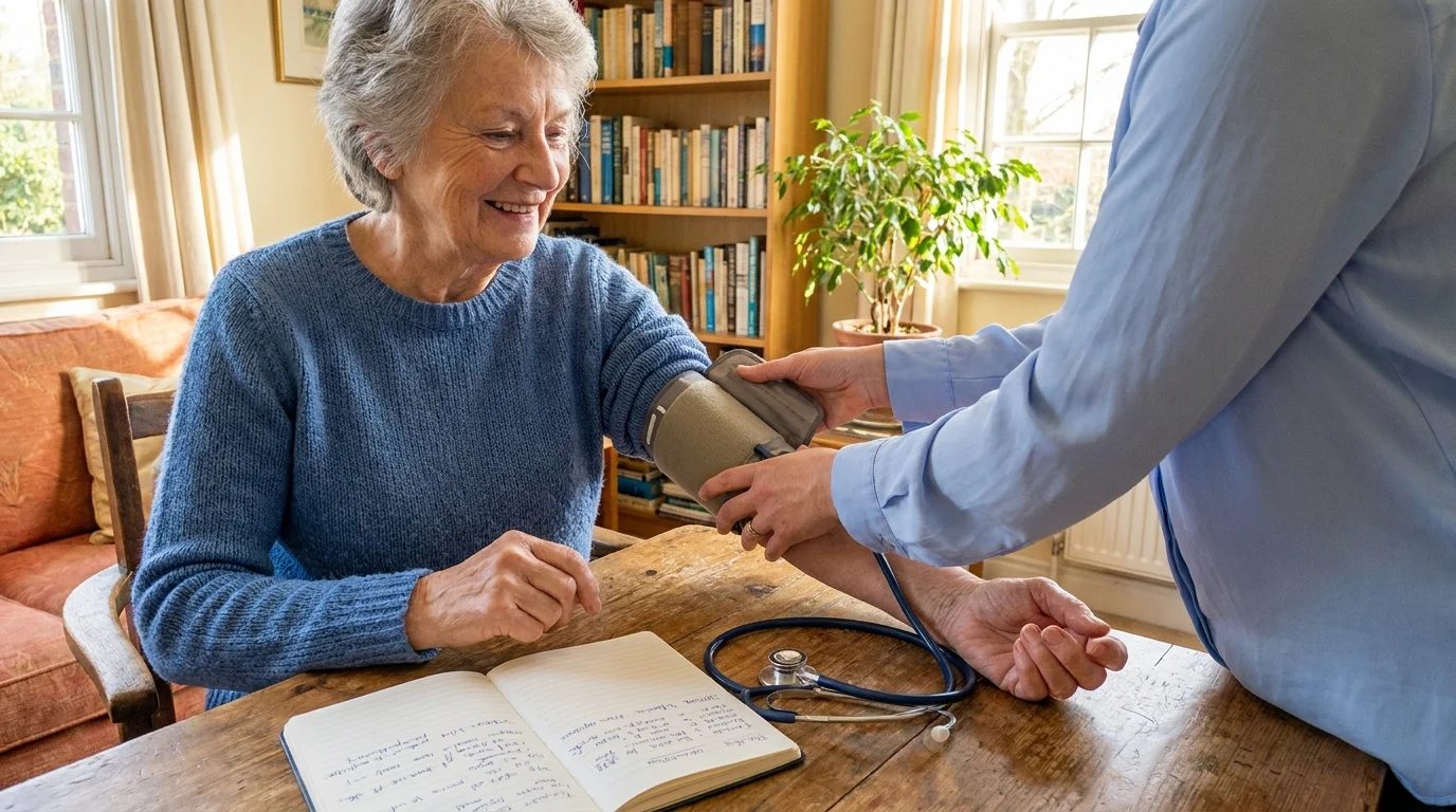 A senior woman having a friendly, routine health check-up with a medical professional in a comfortable setting.
