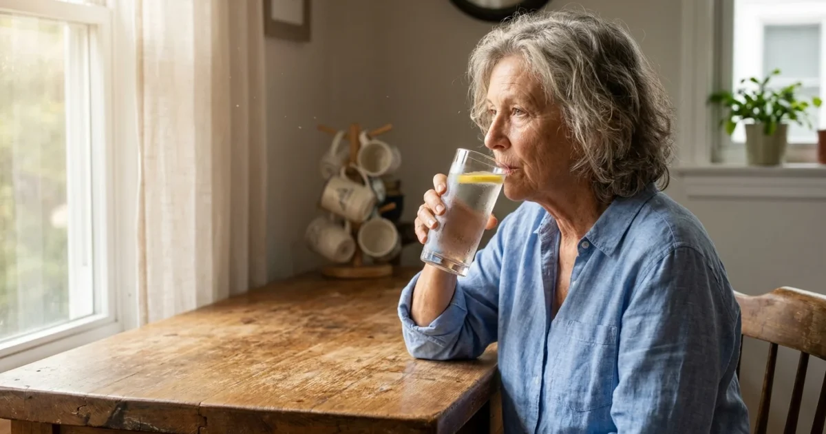 A senior woman in a sunlit kitchen thoughtfully holds a glass of water with lemon, symbolizing proactive hydration for health.