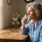 A senior woman in a sunlit kitchen thoughtfully holds a glass of water with lemon, symbolizing proactive hydration for health.