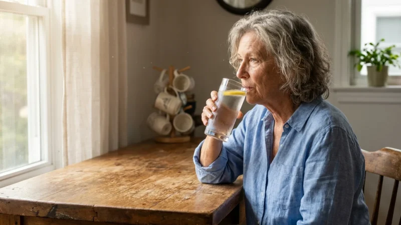 A senior woman in a sunlit kitchen thoughtfully holds a glass of water with lemon, symbolizing proactive hydration for health.