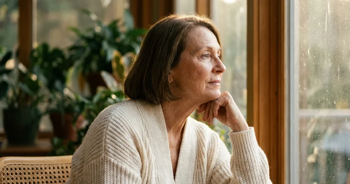 A senior woman in a sunlit room looking thoughtfully out the window, representing the connection between sunlight and health.