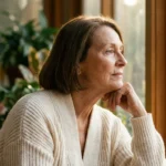 A senior woman in a sunlit room looking thoughtfully out the window, representing the connection between sunlight and health.