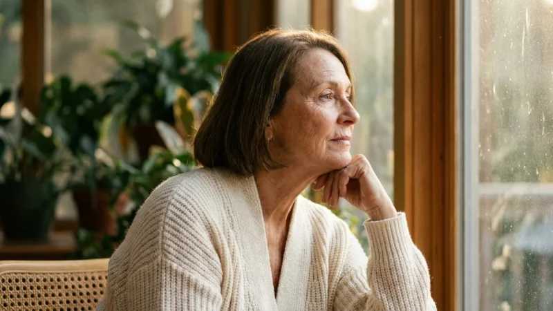 A senior woman in a sunlit room looking thoughtfully out the window, representing the connection between sunlight and health.