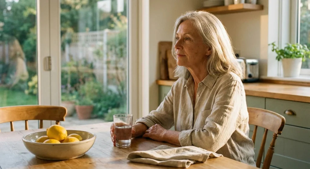 A senior woman sits thoughtfully at a sunlit kitchen table, reflecting on her health during a quiet morning moment.
