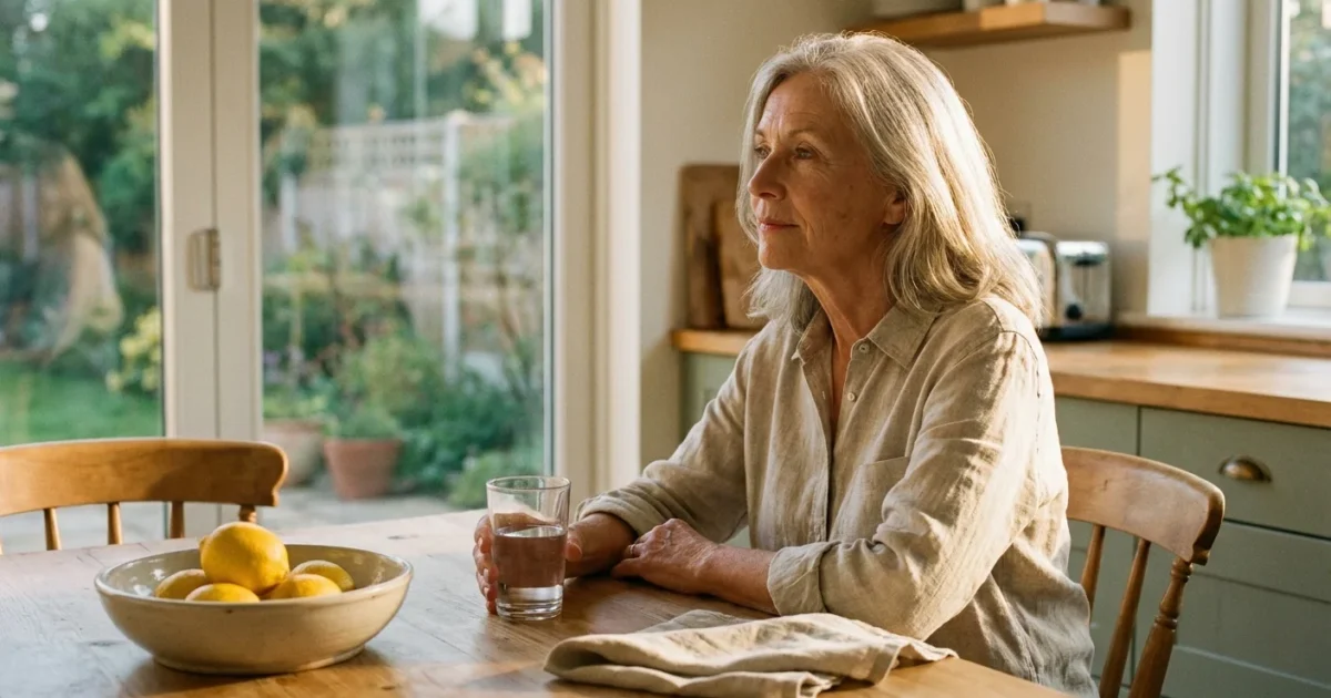 A senior woman sits thoughtfully at a sunlit kitchen table, reflecting on her health during a quiet morning moment.