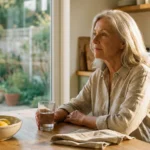 A senior woman sits thoughtfully at a sunlit kitchen table, reflecting on her health during a quiet morning moment.