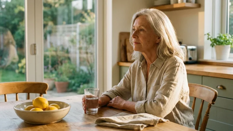 A senior woman sits thoughtfully at a sunlit kitchen table, reflecting on her health during a quiet morning moment.