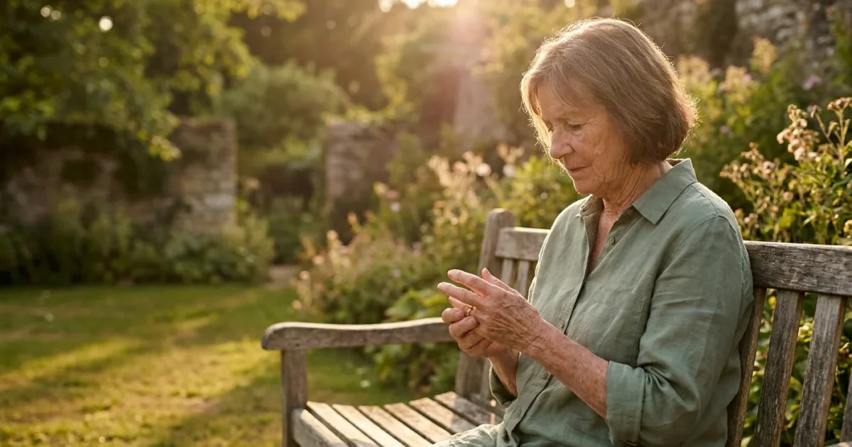 A senior woman sits thoughtfully on a garden bench in warm sunlight, reflecting on her health and well-being.