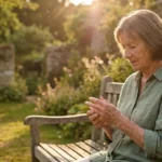 A senior woman sits thoughtfully on a garden bench in warm sunlight, reflecting on her health and well-being.