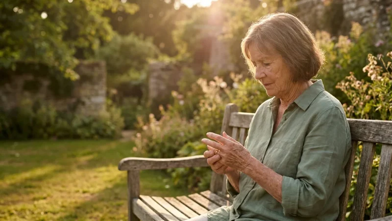 A senior woman sits thoughtfully on a garden bench in warm sunlight, reflecting on her health and well-being.