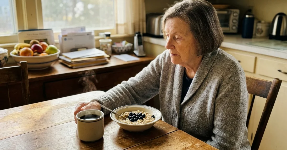 A senior woman sitting at a sunlit kitchen table in the morning, choosing oatmeal over a cup of black coffee.