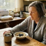 A senior woman sitting at a sunlit kitchen table in the morning, choosing oatmeal over a cup of black coffee.