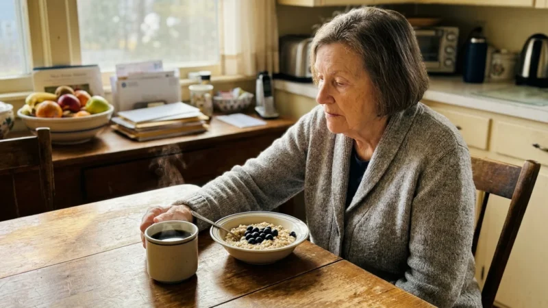 A senior woman sitting at a sunlit kitchen table in the morning, choosing oatmeal over a cup of black coffee.