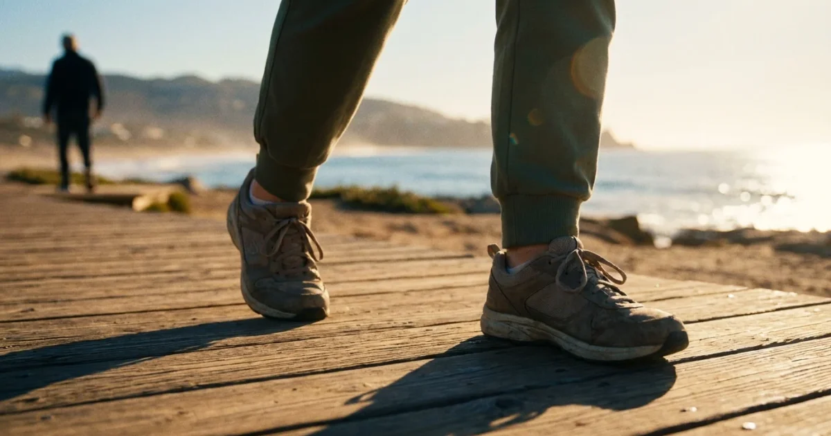 A senior woman walking confidently on a sunny coastal boardwalk, emphasizing mobility and healthy aging.