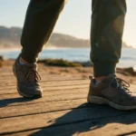A senior woman walking confidently on a sunny coastal boardwalk, emphasizing mobility and healthy aging.