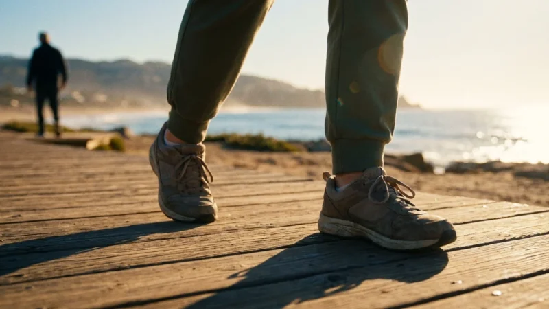 A senior woman walking confidently on a sunny coastal boardwalk, emphasizing mobility and healthy aging.