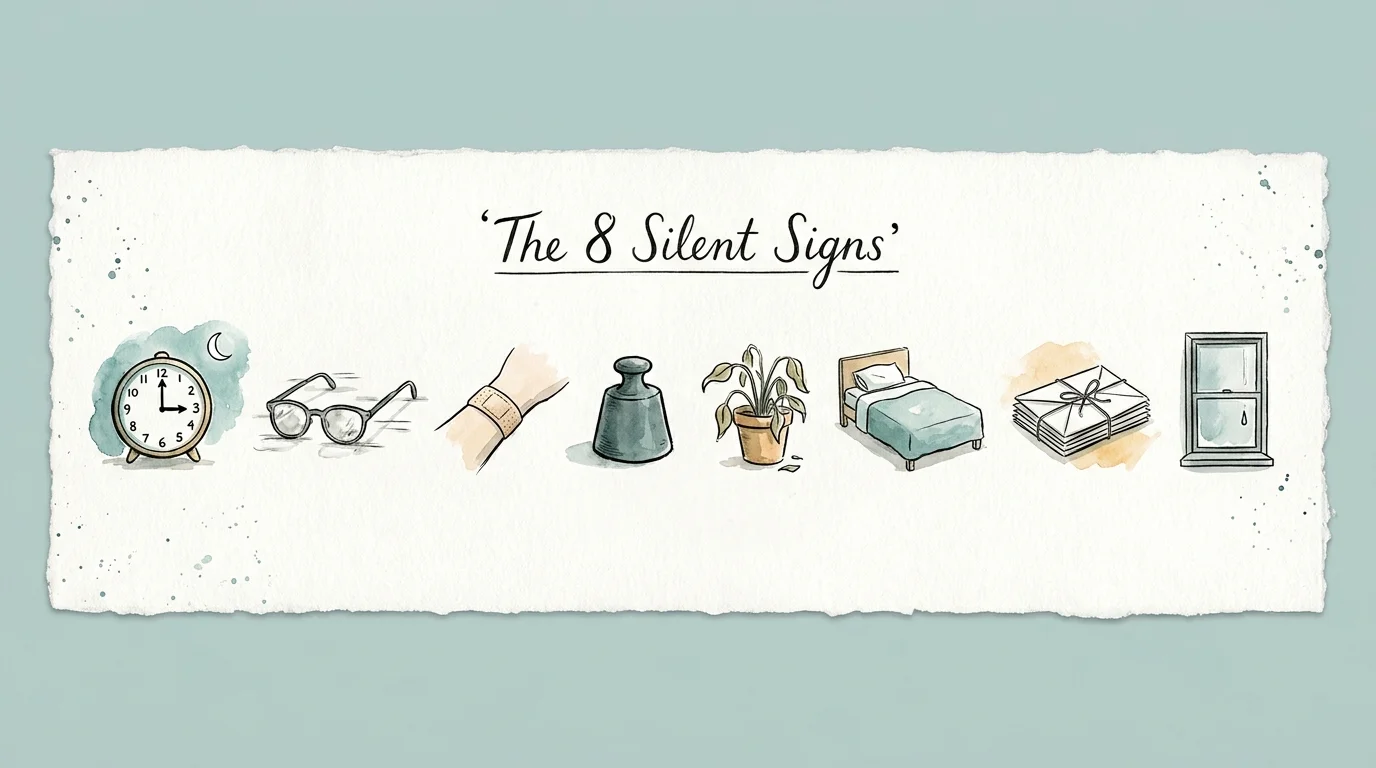 A series of eight small watercolor illustrations representing different health warning signs.