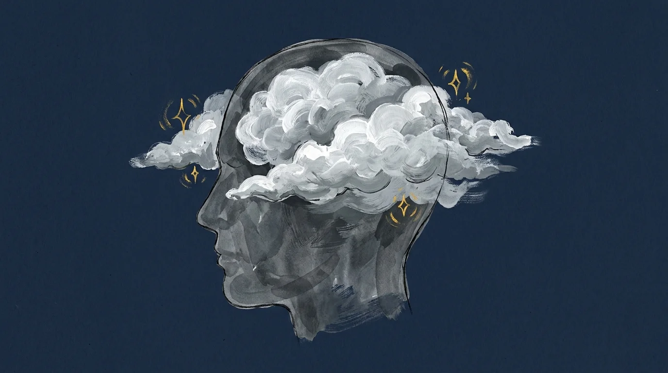 A silhouette of a head filled with thick gray clouds and flickering sparks, representing cognitive fog.