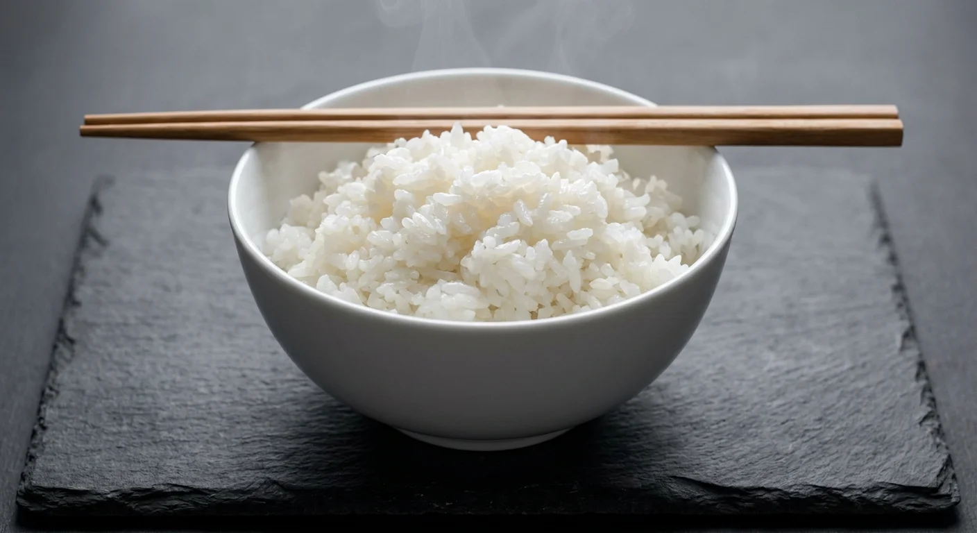 A simple white bowl of steamed white rice with chopsticks on a dark surface.