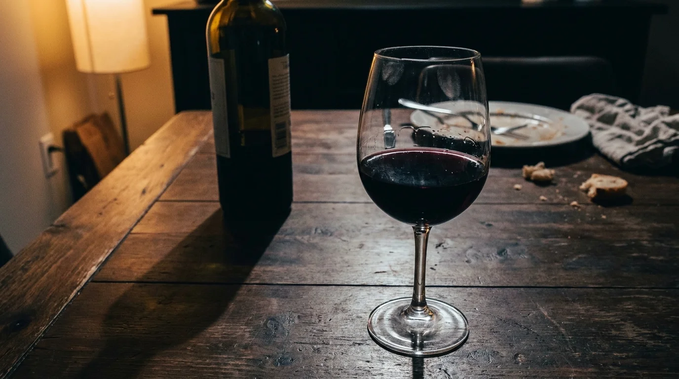 A single glass of red wine and a bottle on a dark wooden table at night, casting a long shadow, with a dirty dinner plate in the background.