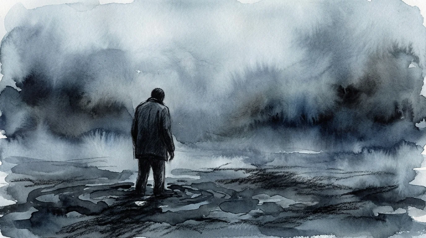 A somber watercolor illustration of a person walking through thick, dark mist and heavy water, symbolizing the weight of mental health chall