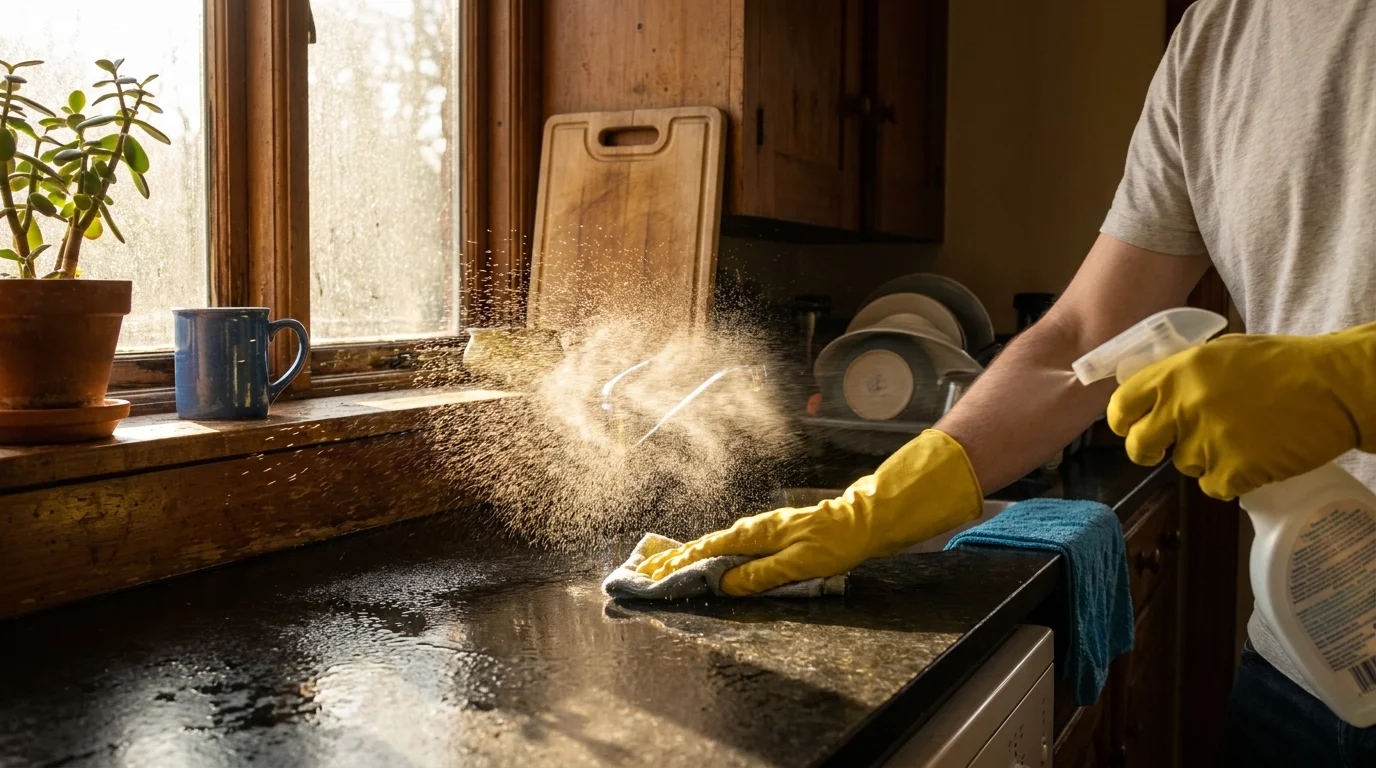 A spray bottle misting a kitchen counter in a beam of sunlight, illustrating how cleaning chemicals enter the air.