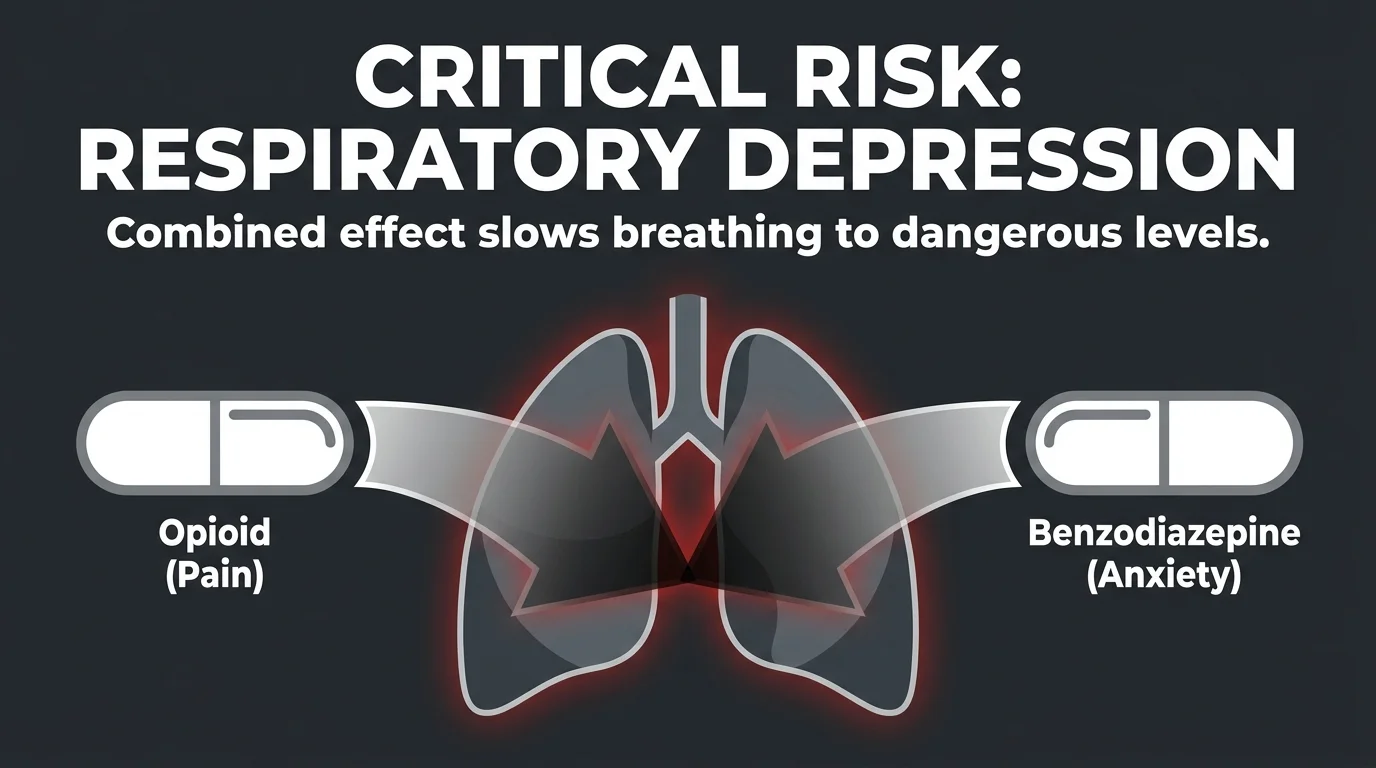 A stark infographic showing the dangerous combined effect of opioids and benzodiazepines on lung function.