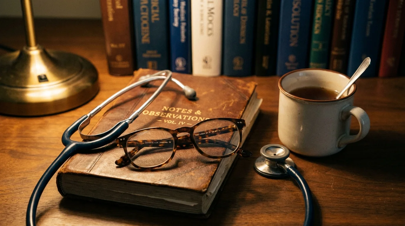 A stethoscope, a journal, and reading glasses on a desk, representing a clinician's perspective.