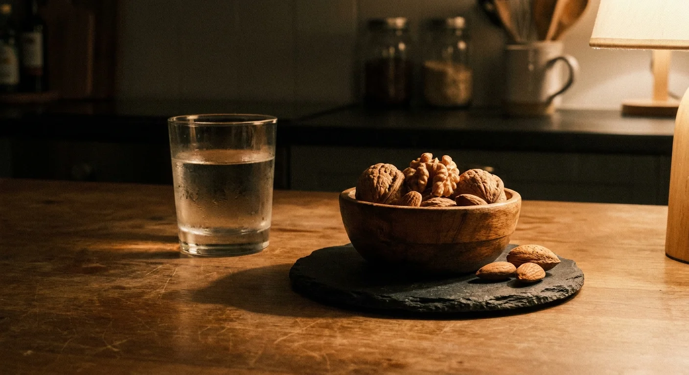 A still-life photo of a bowl of walnuts and a glass of water on a kitchen counter in soft, warm light.
