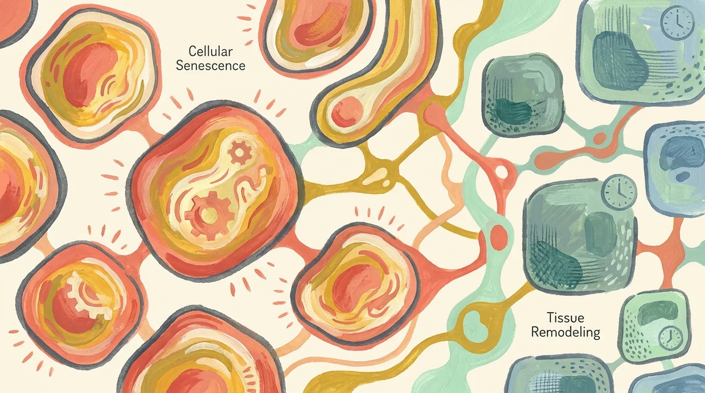 A stylized gouache illustration showing colorful, organic shapes representing cells and biological remodeling.