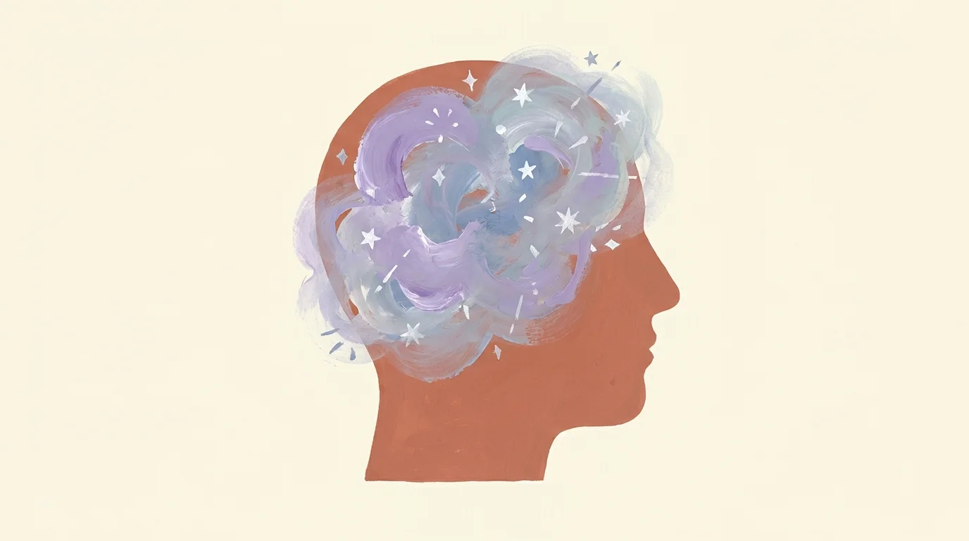 A stylized illustration of a head filled with swirling lavender mist, representing the experience of cognitive brain fog.