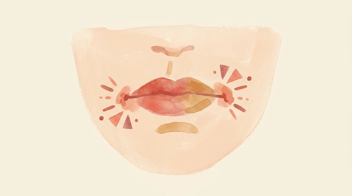 A stylized watercolor illustration focusing on the mouth, showing irritation at the corners of the lips.