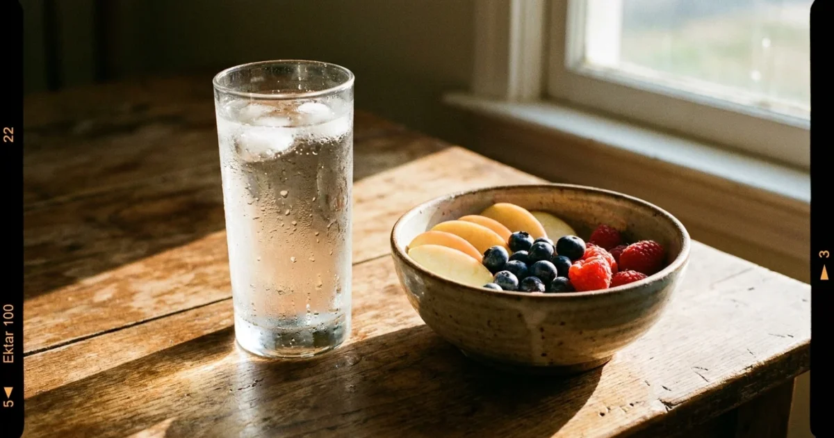 A sunlit glass of water and a bowl of fruit on a wooden table, representing health and hydration.