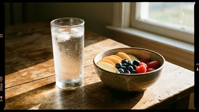 A sunlit glass of water and a bowl of fruit on a wooden table, representing health and hydration.