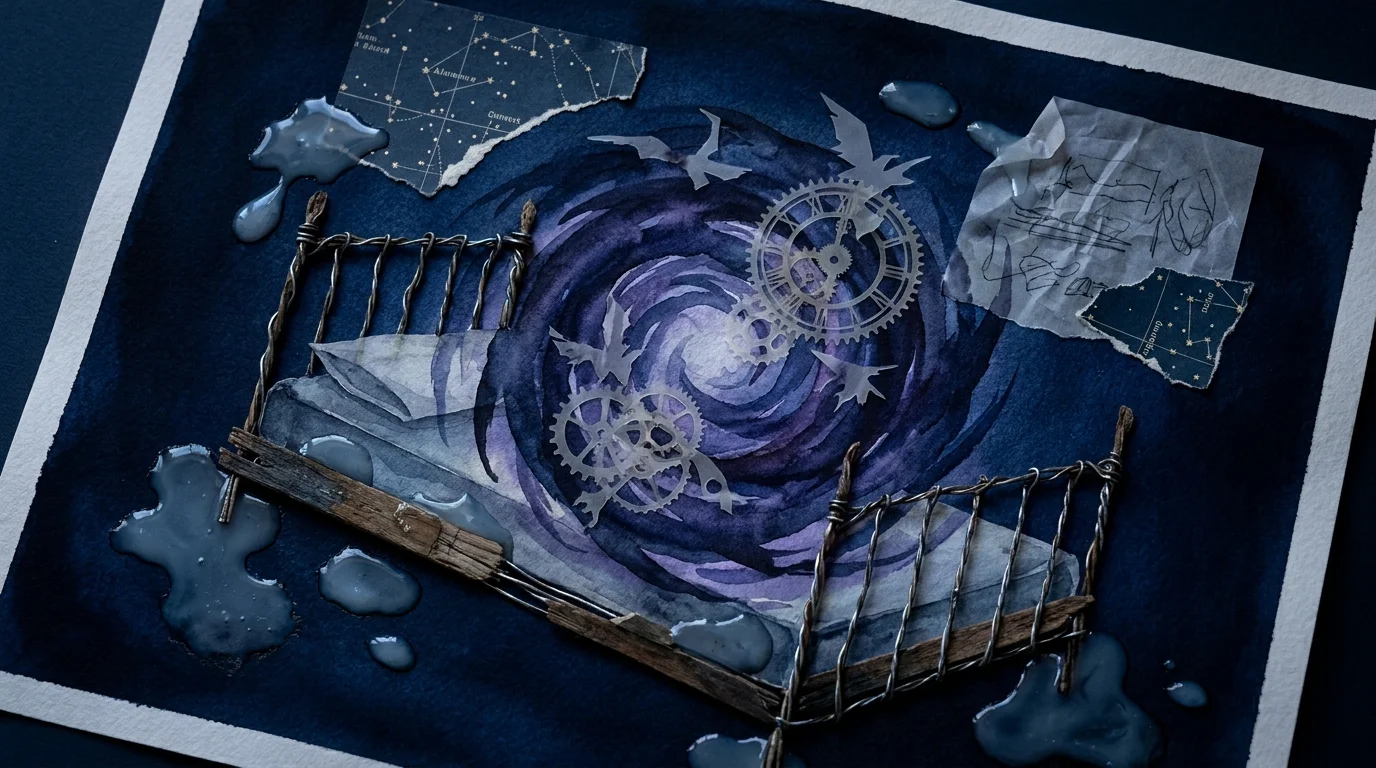 A surreal mixed media illustration of a bed surrounded by indigo swirls, clock gears, and damp textures to represent stress-induced dreams.