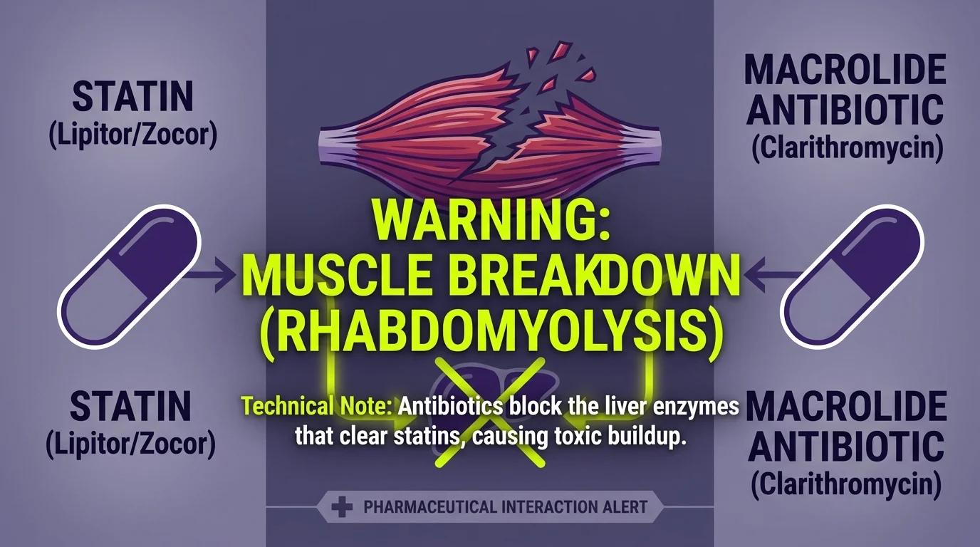 A technical diagram showing how antibiotics can cause cholesterol-lowering statins to build up to toxic levels in muscles.
