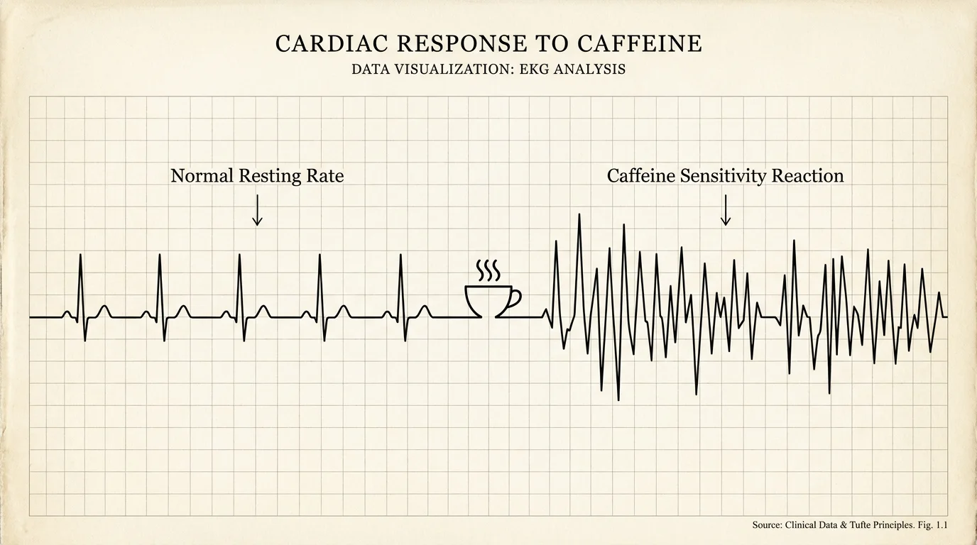A technical EKG-style diagram showing a steady heart rate becoming erratic after caffeine intake.