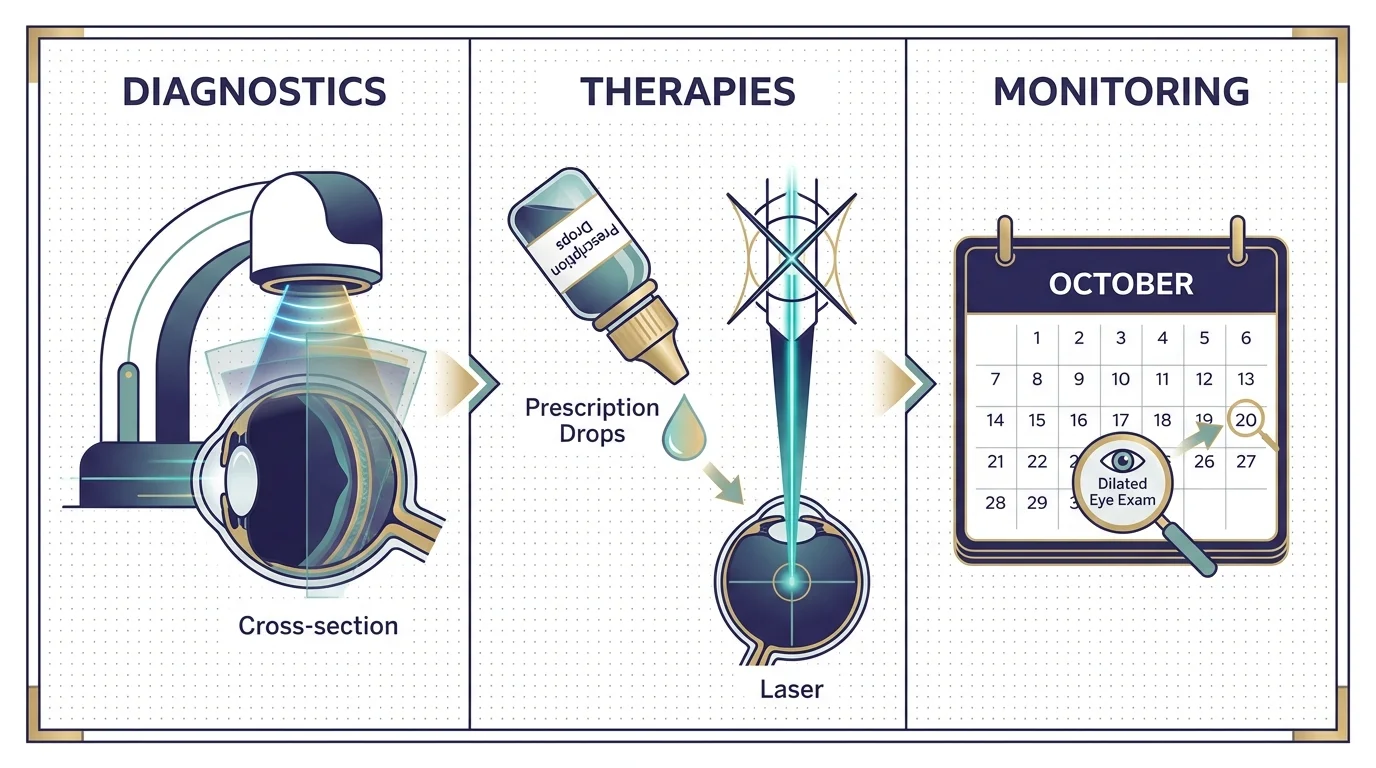 A three-panel diagram showing diagnostic tools, therapies like drops, and the importance of annual exams.