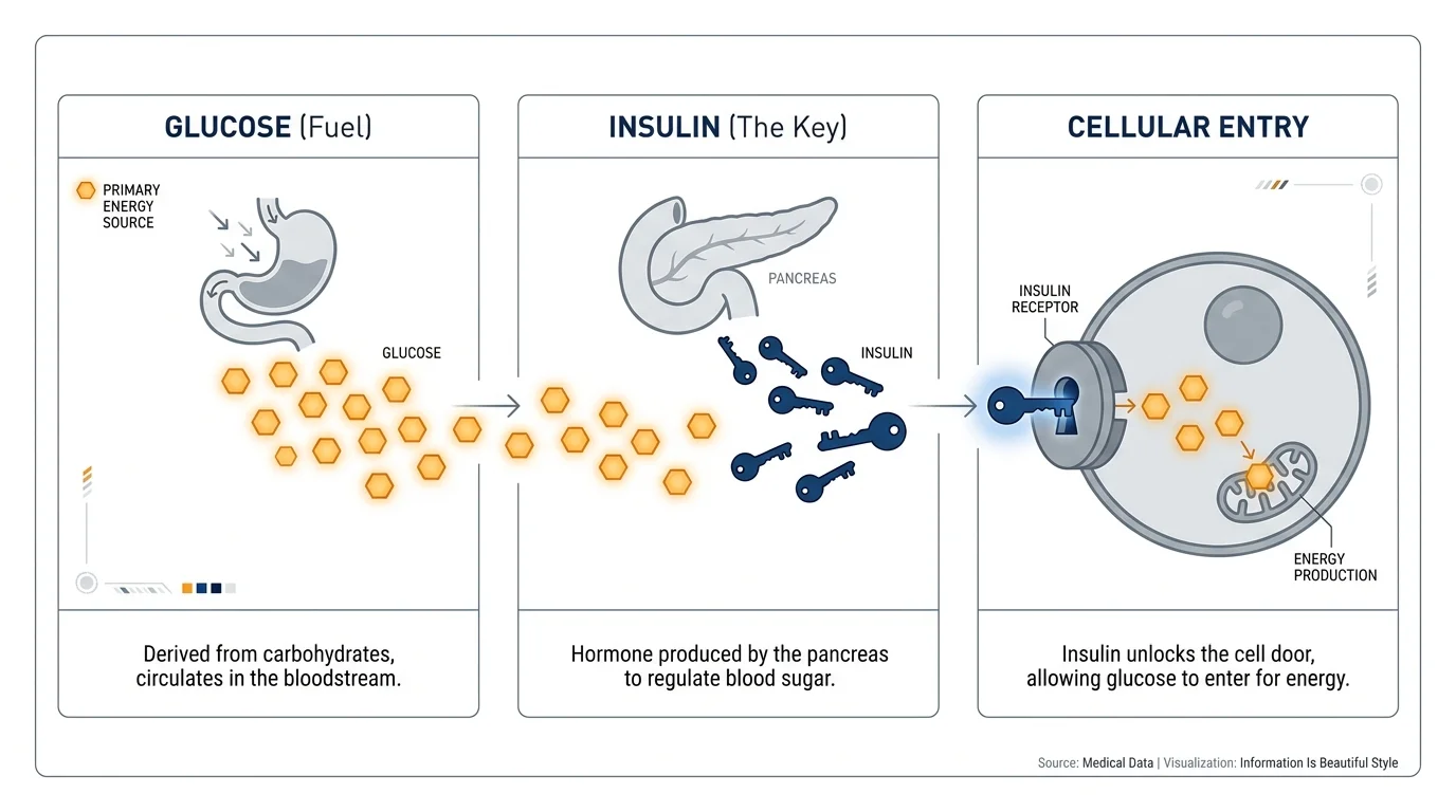 A three-panel infographic showing how insulin acts as a key to let glucose enter body cells.