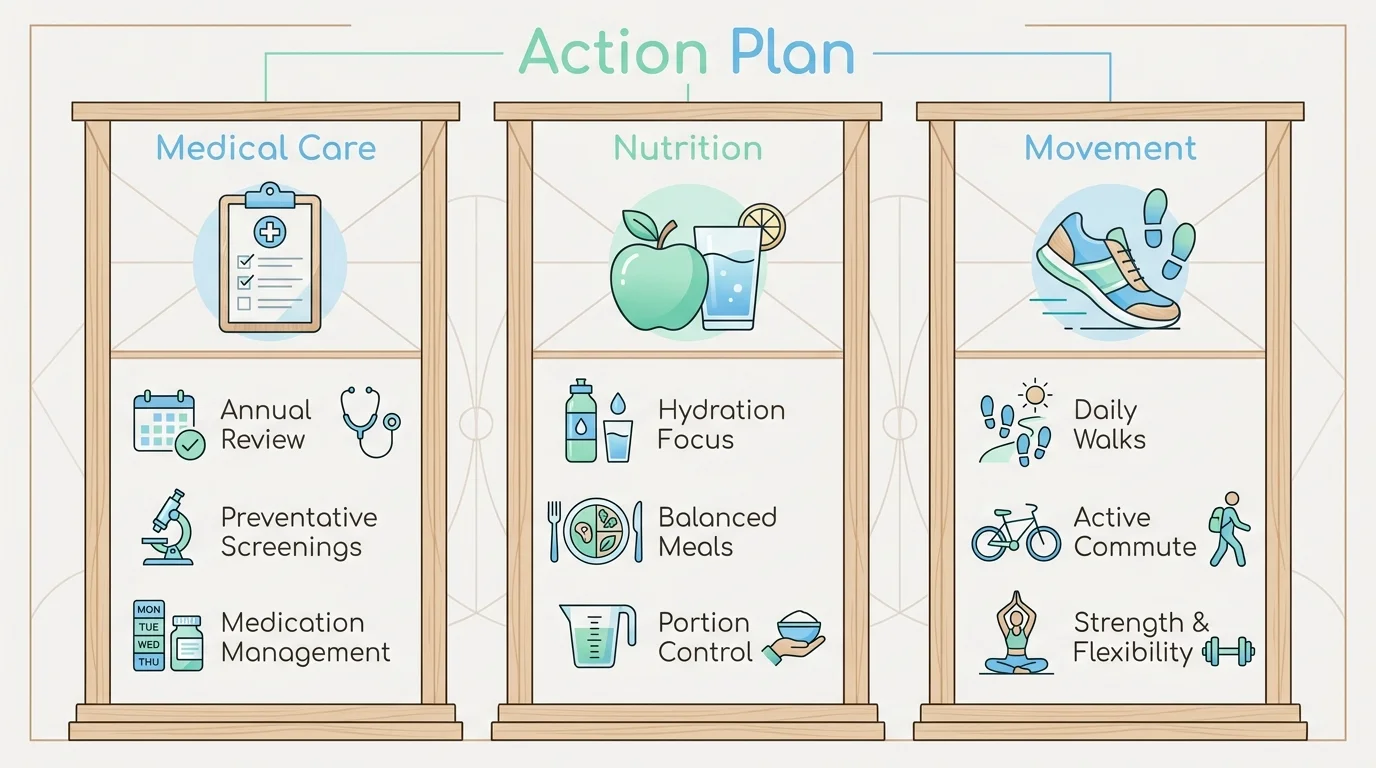 A three-pillar infographic showing Medical Care, Nutrition, and Movement as the keys to medication safety.