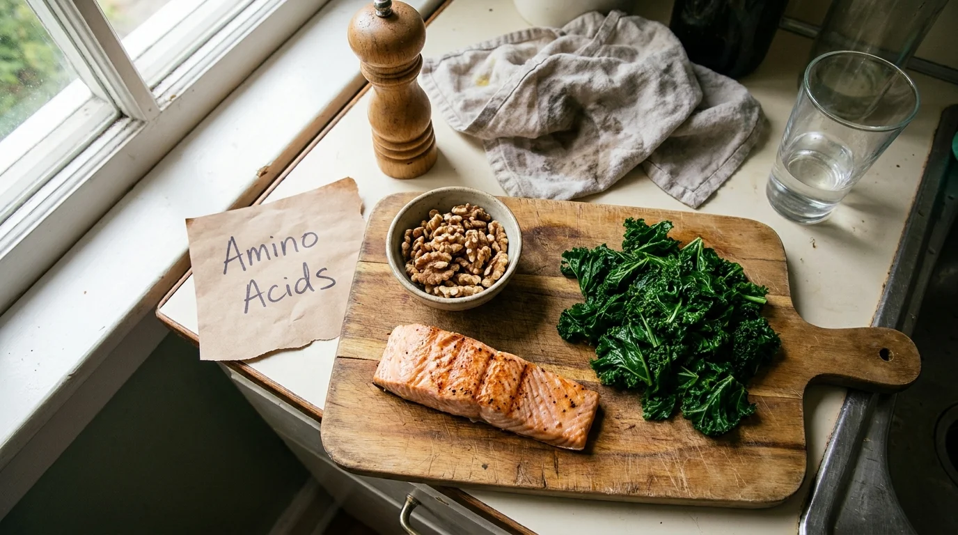 A top-down photo of a healthy meal including salmon and greens on a kitchen counter, with a note about amino acids.