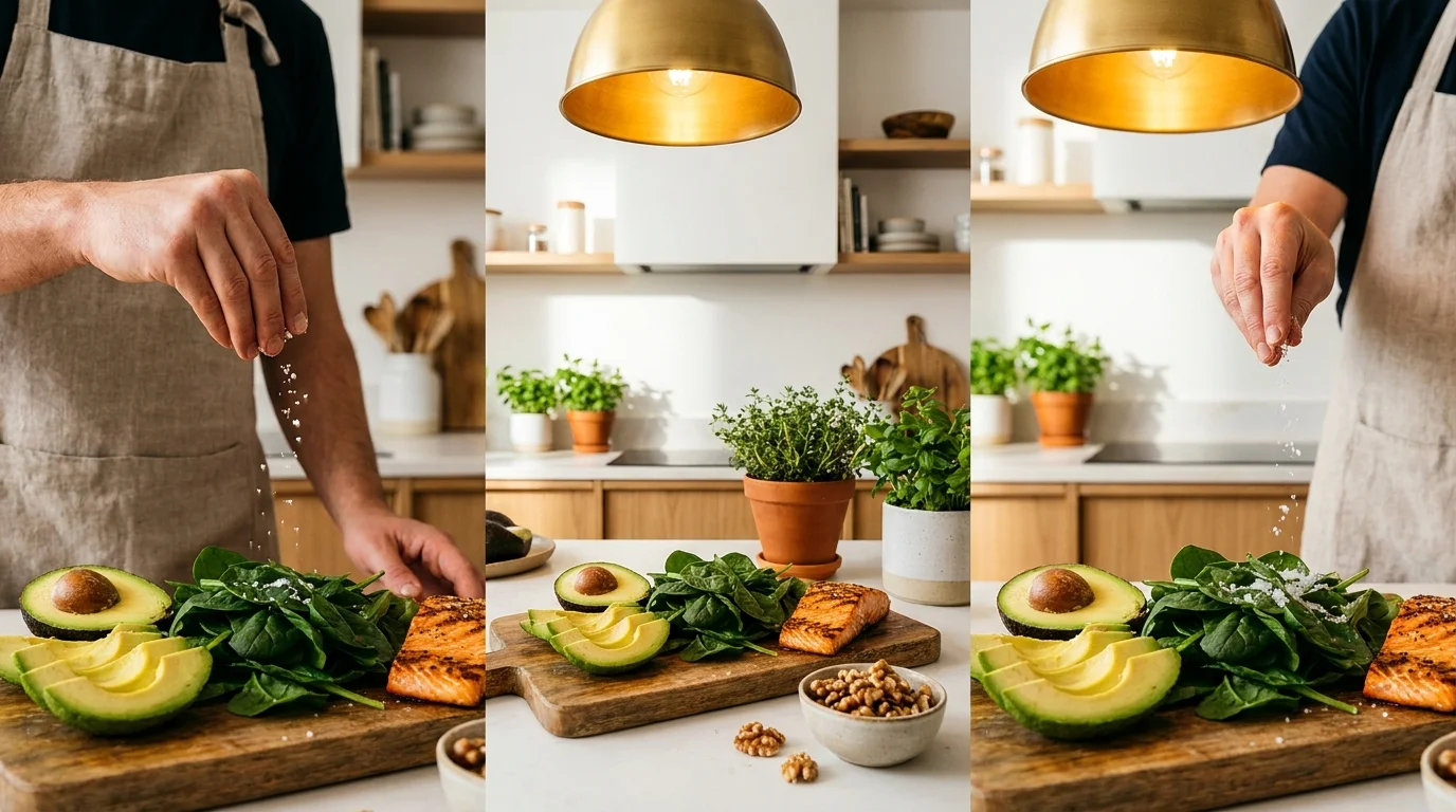 A top-down photo of healthy meal prep with salmon, avocado, and leafy greens on a kitchen counter.