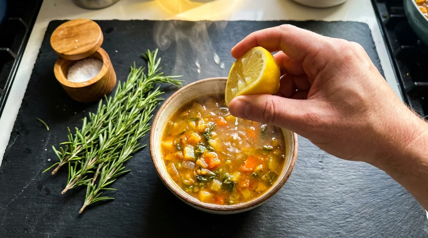 A top-down snapshot of someone squeezing a lemon into a bowl of soup next to fresh herbs.