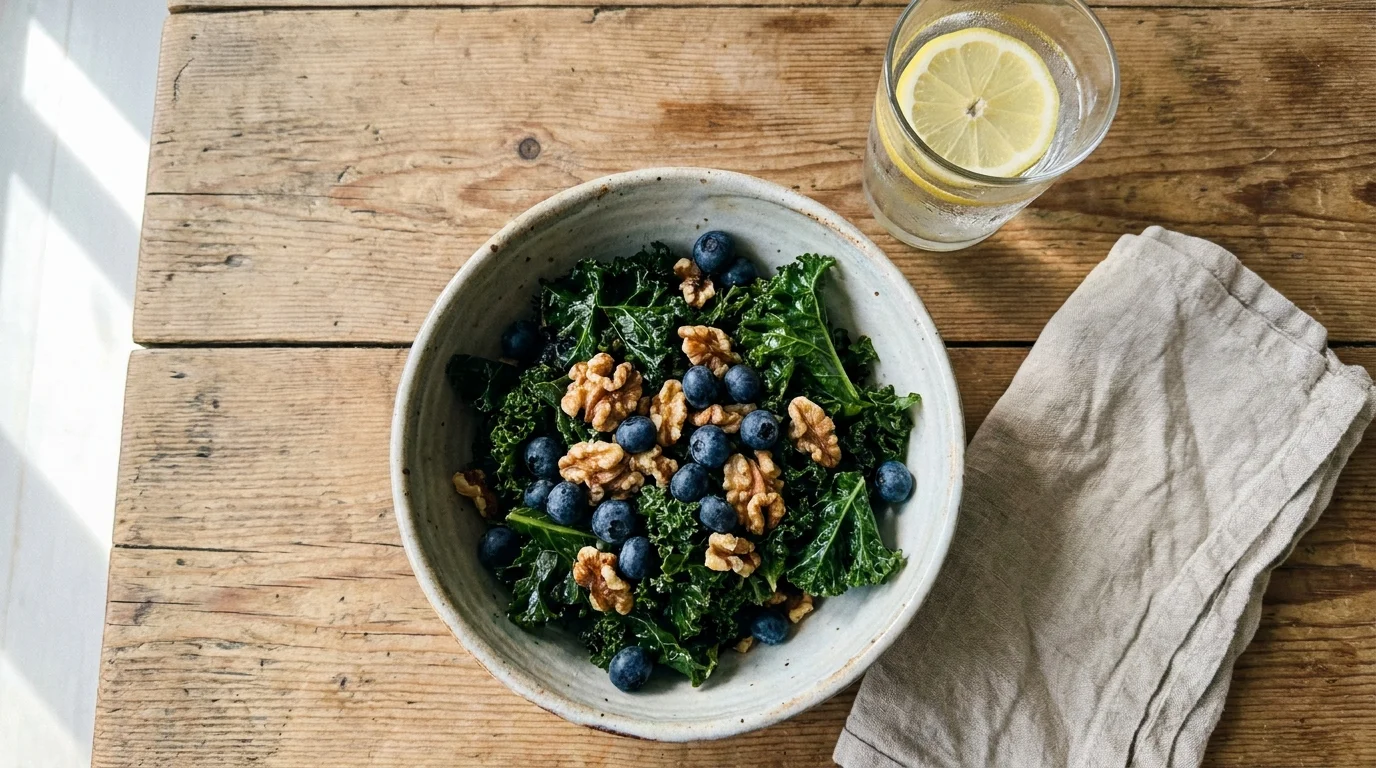 A top-down view of a bowl of salad with walnuts and blueberries on a wooden table next to a glass of lemon water.