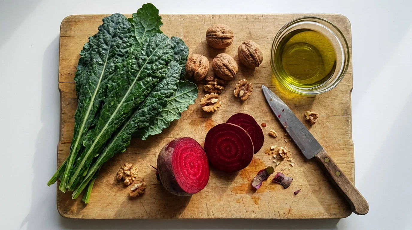 A top-down view of a wooden cutting board with kale, beets, walnuts, and olive oil.